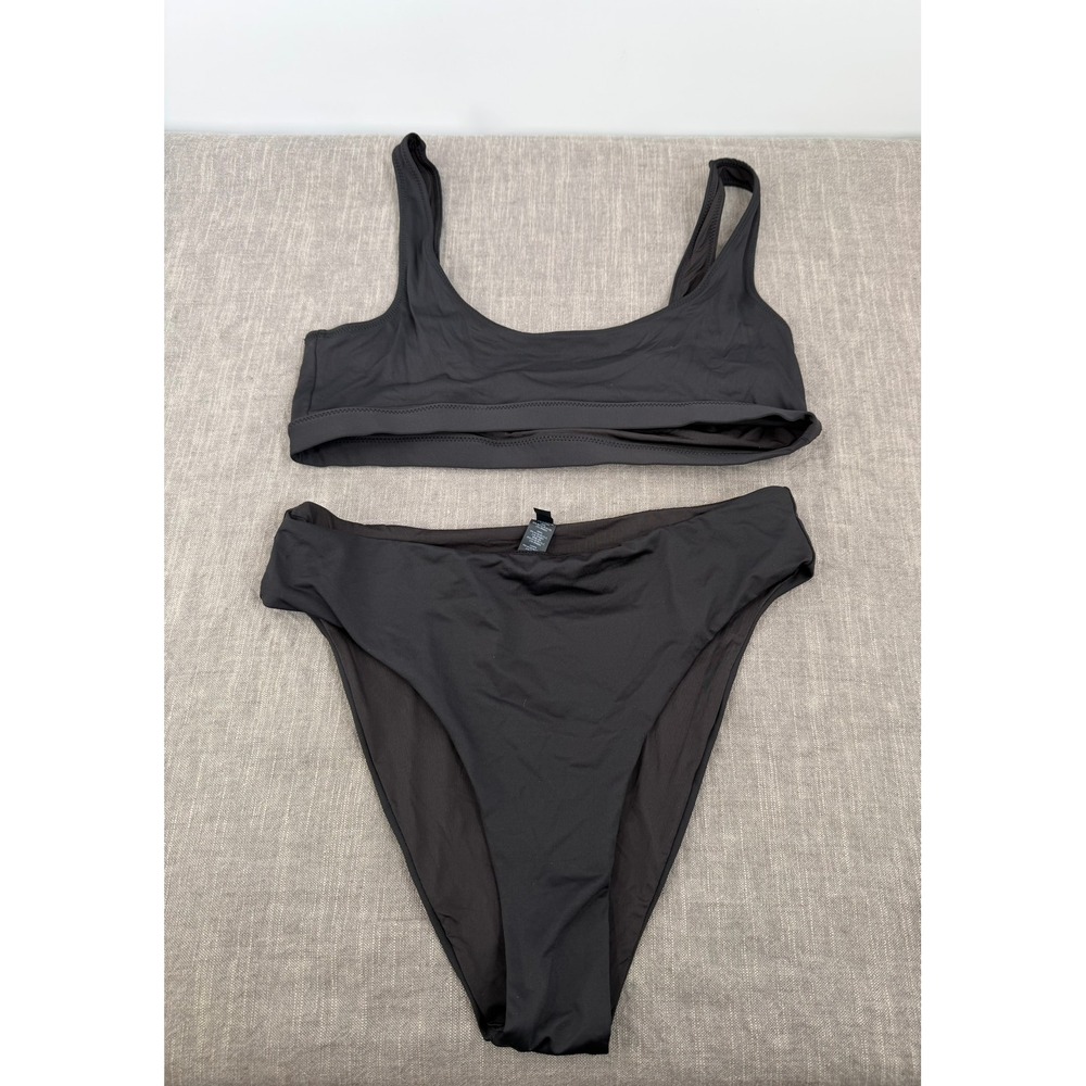 SKIMS Recycled Swim Bikini Set Onyx Black Tank Top Mid Waist Bottom Size L NWT